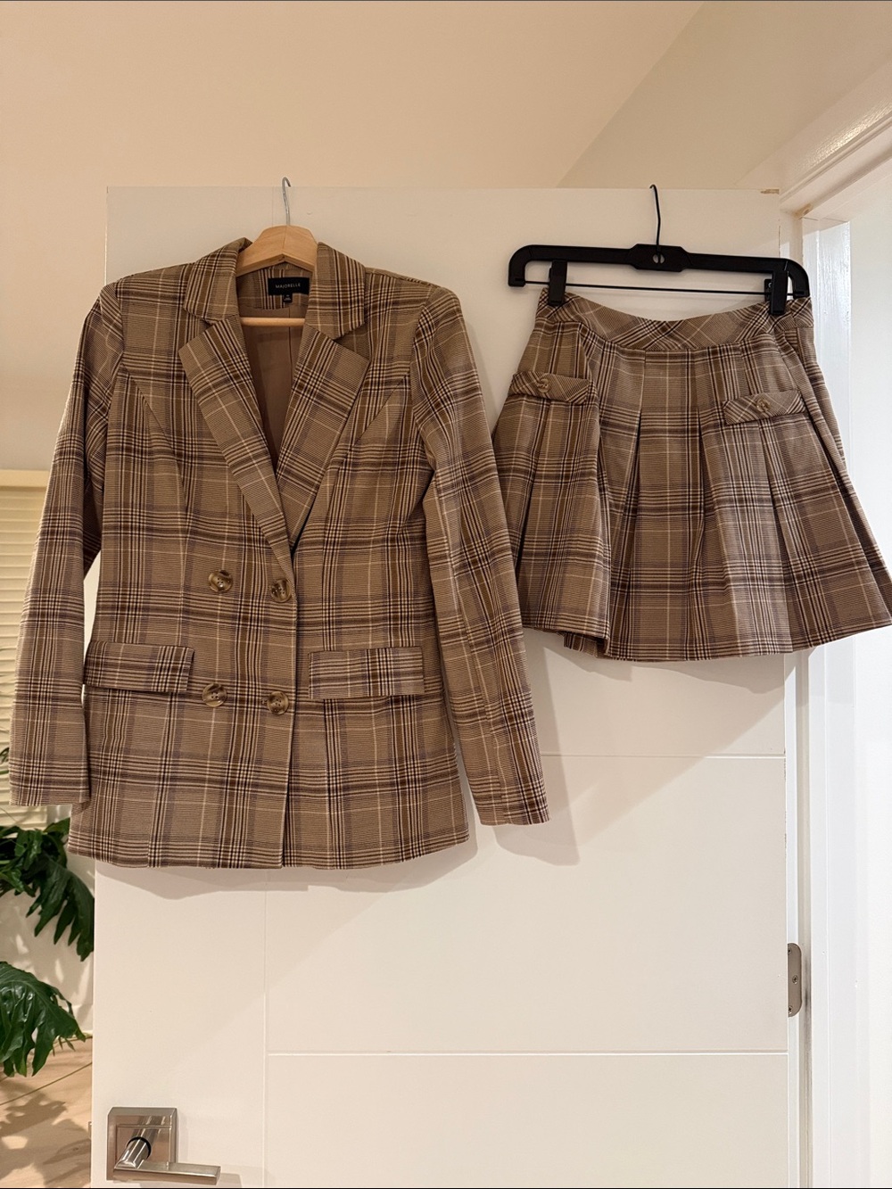Majorelle Plaid Double-Breasted Blazer & Pleated Mini Skirt Set - Brown Plaid